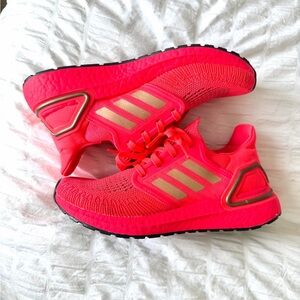 Adidas womens Ultraboost Running Shoes - neon Pink with Gold Stripes